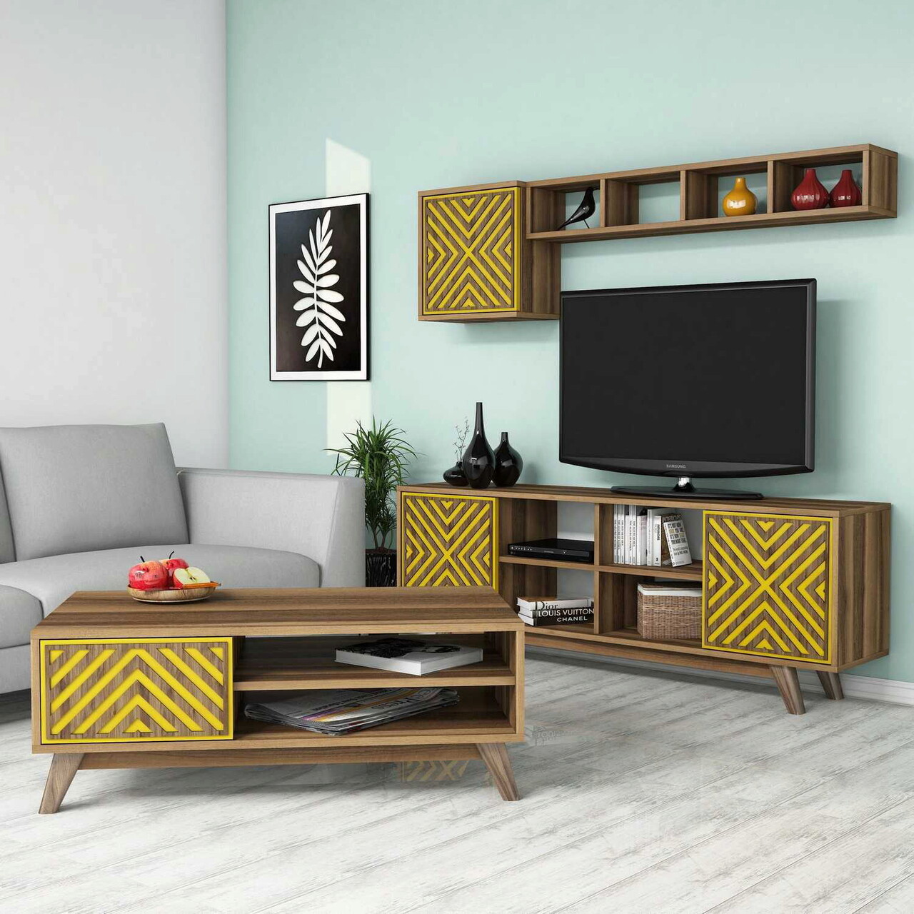 Set mobilier living, Hanah Home, Inci, Nuc / Galben - imagine 6